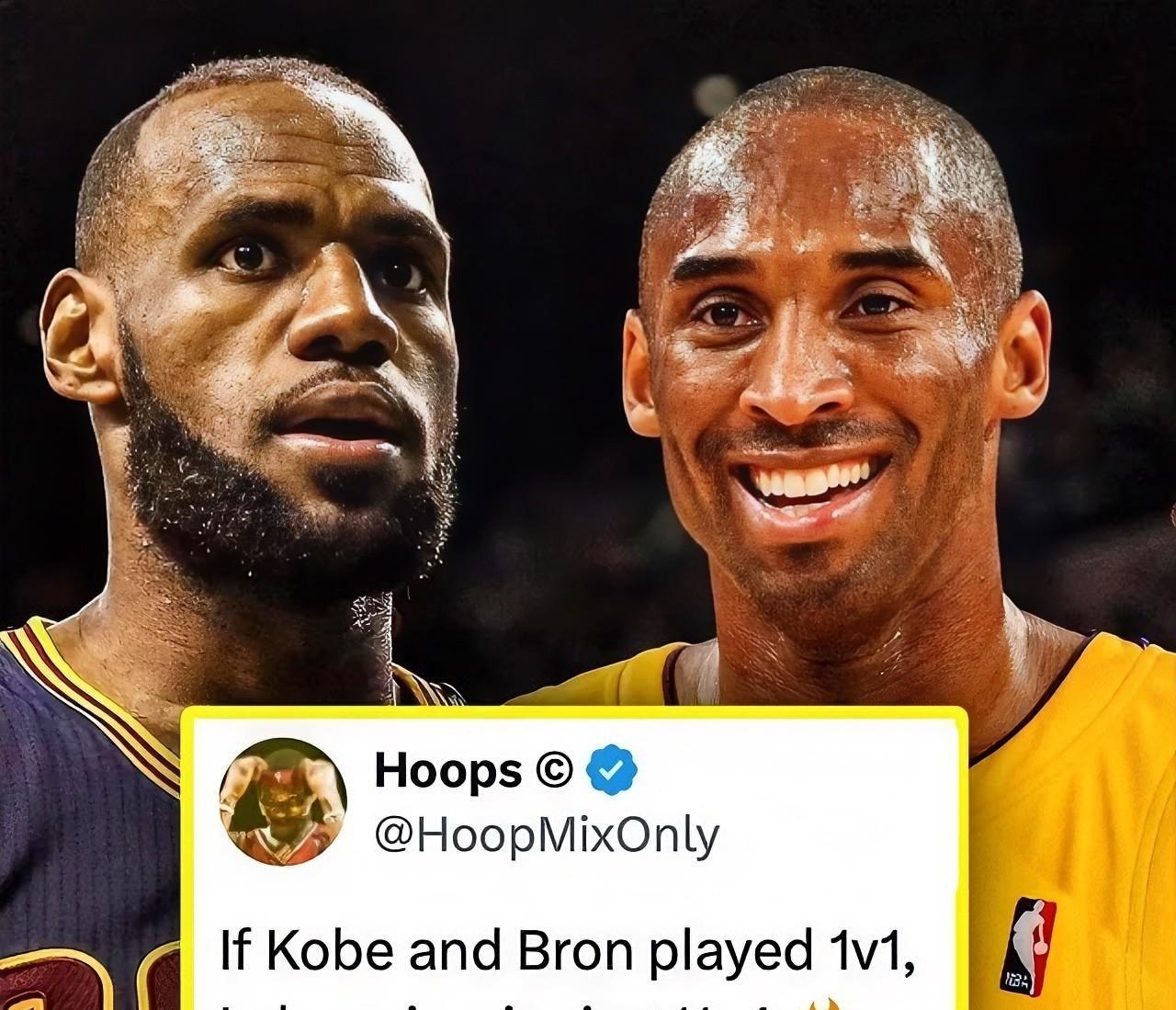 近日，美媒Hoops爆料称，如果詹姆斯与科比进行1v1对决，詹姆斯将以11:4获