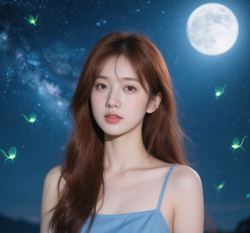 夜幕低垂，她的笑容比星辰还要耀眼。