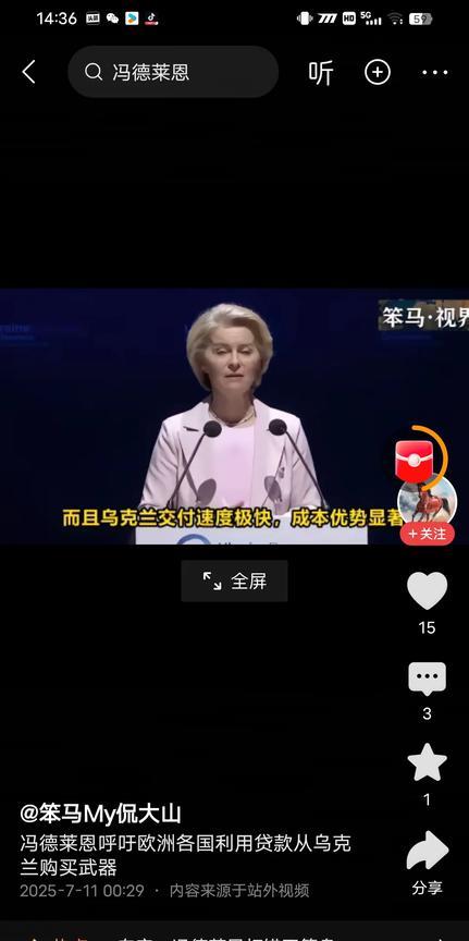冯德莱恩建议欧盟国家用贷款去乌克兰购买武器。说乌克兰武器便宜交付又快，她是脑进水