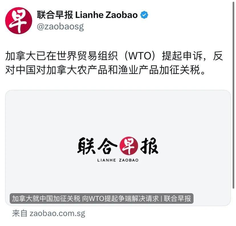 外媒今天（3月25日）报道：“加拿大已在世界贸易组织（WTO）提起申诉，反对中国