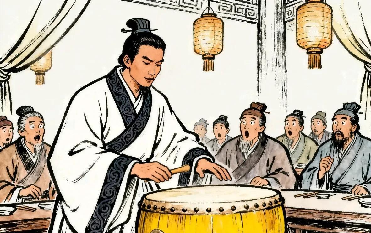 东汉末年，祢衡为曹操的宴席表演击鼓，一时兴起却突然脱掉衣服，举动中满是挑衅。文武