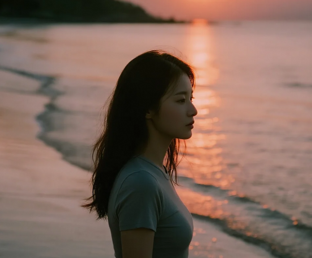 她的身影，是黄昏海平线上最温柔的剪影
