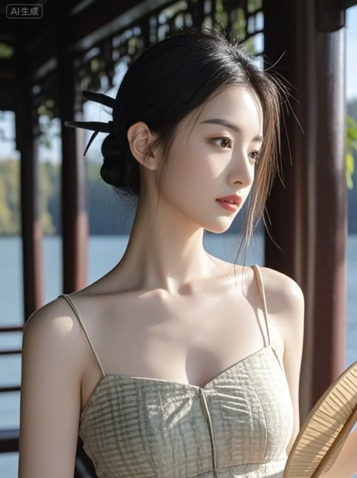 她不说话，只轻轻一扇，便搅动了整片湖光