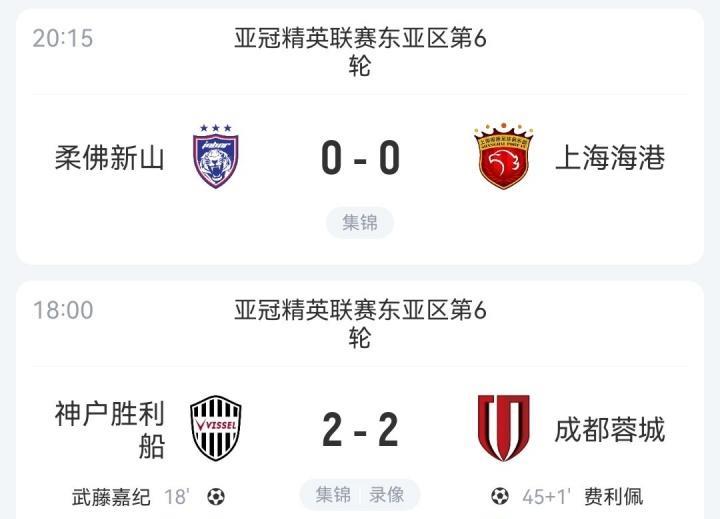 两场平局、依旧倒数
亚冠精英联赛东亚区第六轮今晚开战，中超冠军上海海港以及成都蓉