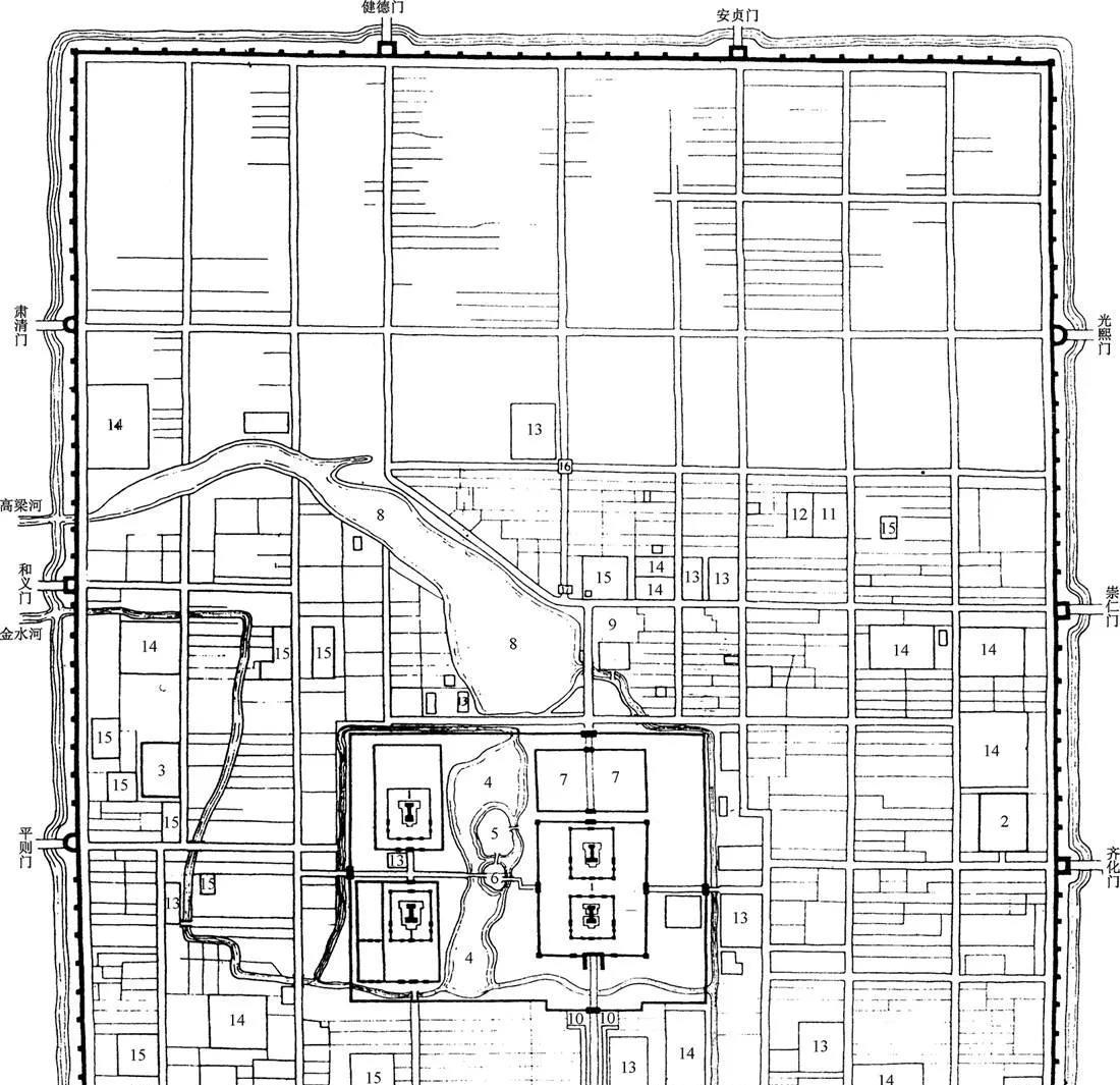 元大都城平面示意图
 1—宫殿；2—太庙；3—社稷坛；4—太液池；5—琼华岛（万