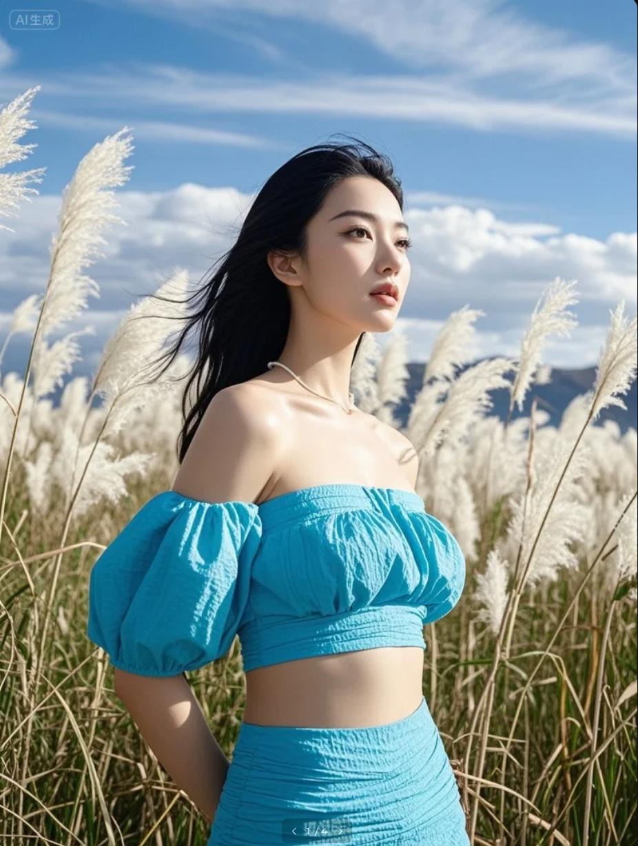 平静水面倒映芦苇与她，虚实交错，哪个是真实，哪个是幻境