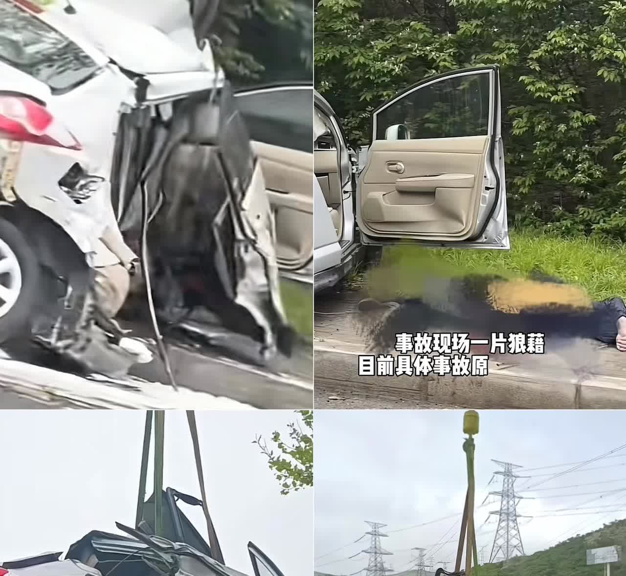 （5月17日）辽宁大连西北路一大早就发生严重交通事故，一辆日产车撞成折叠了90度