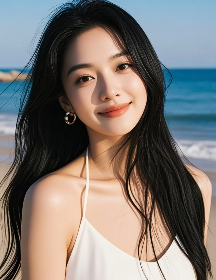 沙滩长发女孩，晚风轻抚，笑容温柔而充满神秘