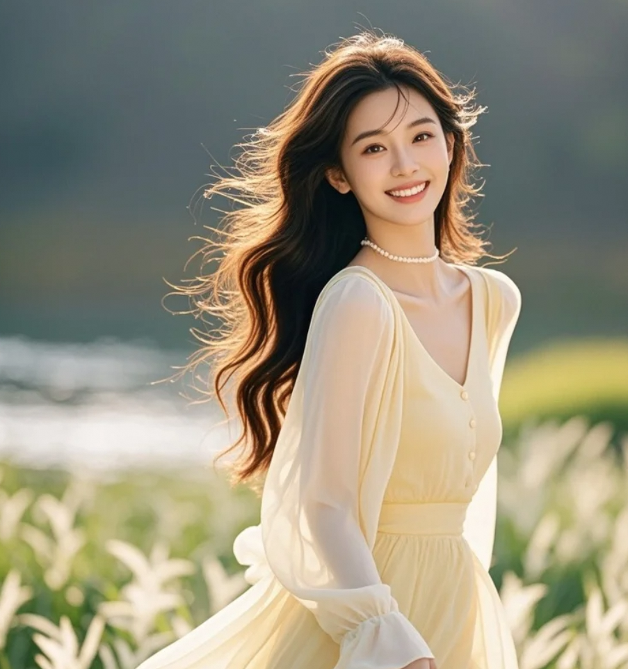 青春洋溢的东方少女，长发飞扬，笑容比阳光更明媚