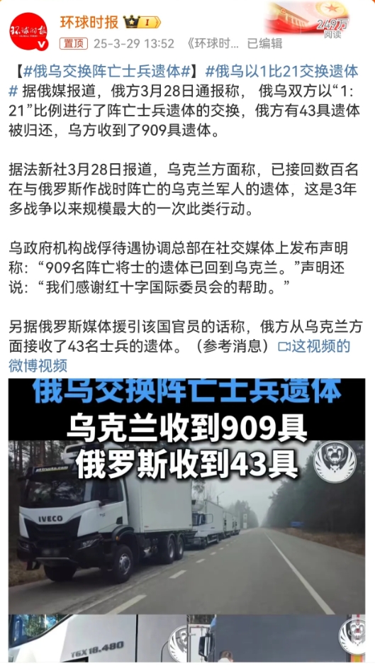 俄乌双方一交换遗体，双方阵亡的比例就盖不住了。1:21比想象的还可怕！ 据俄媒报