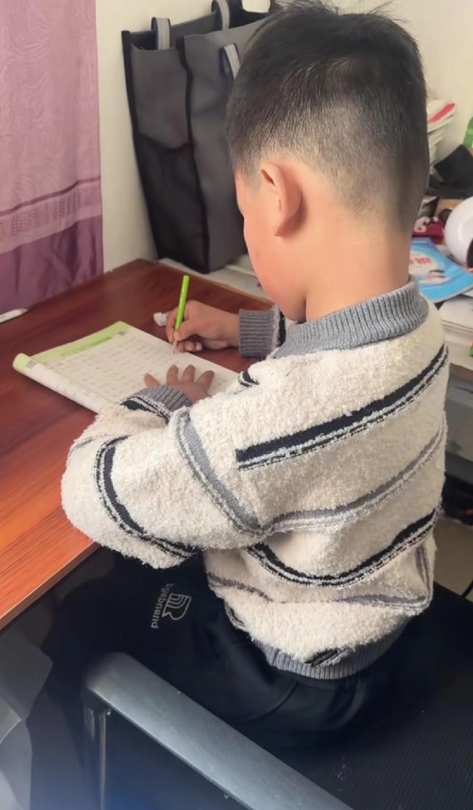 小满儿的三哥多多做的榜样太好了。多多写字坐姿很端正，满儿在边儿看书很尽兴；这个画