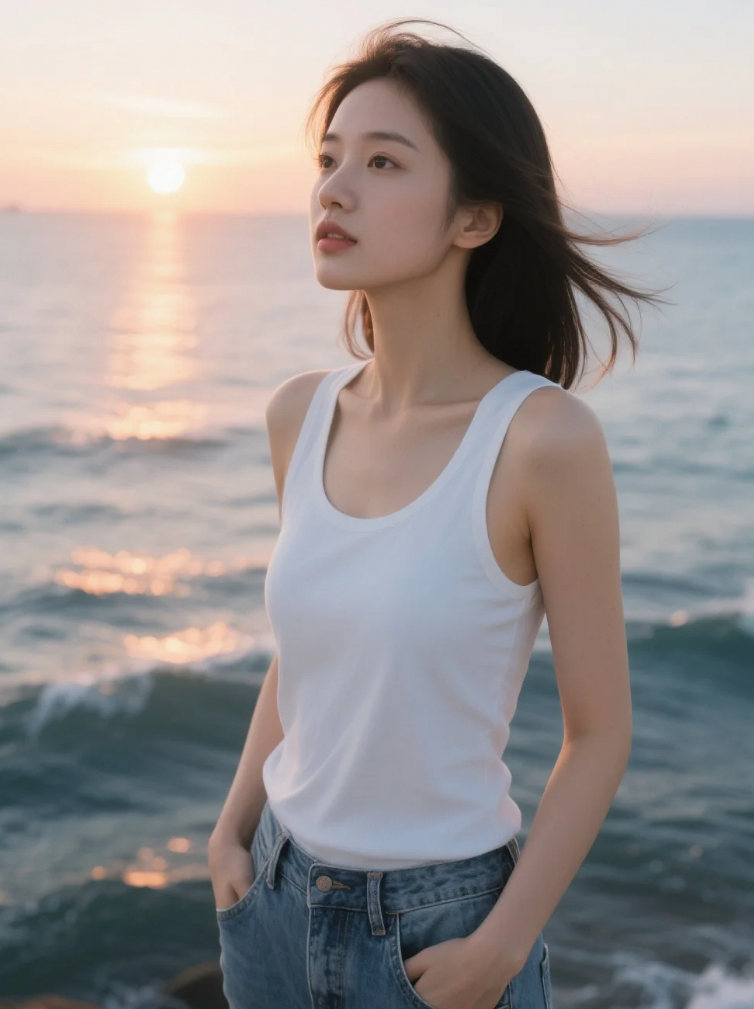破晓时分的天际线，牛仔裤少女与海浪的温柔对话