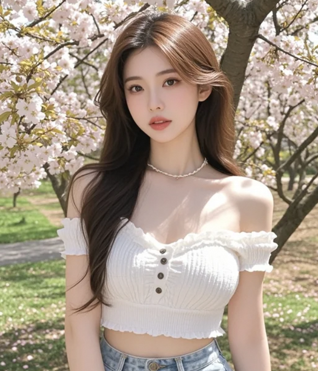 樱花树下，她的美与自然完美融合在一起