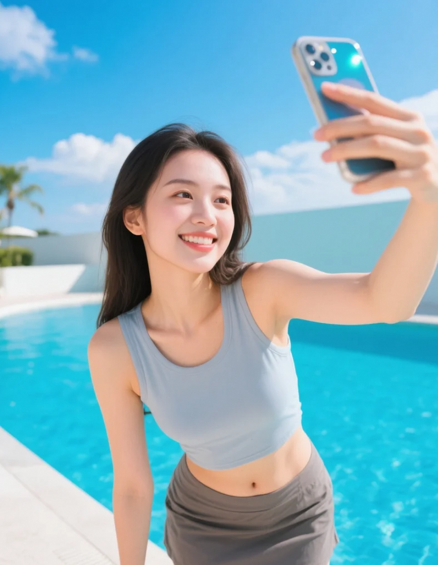 自拍中的亚洲美女，在泳池边记录美好瞬间