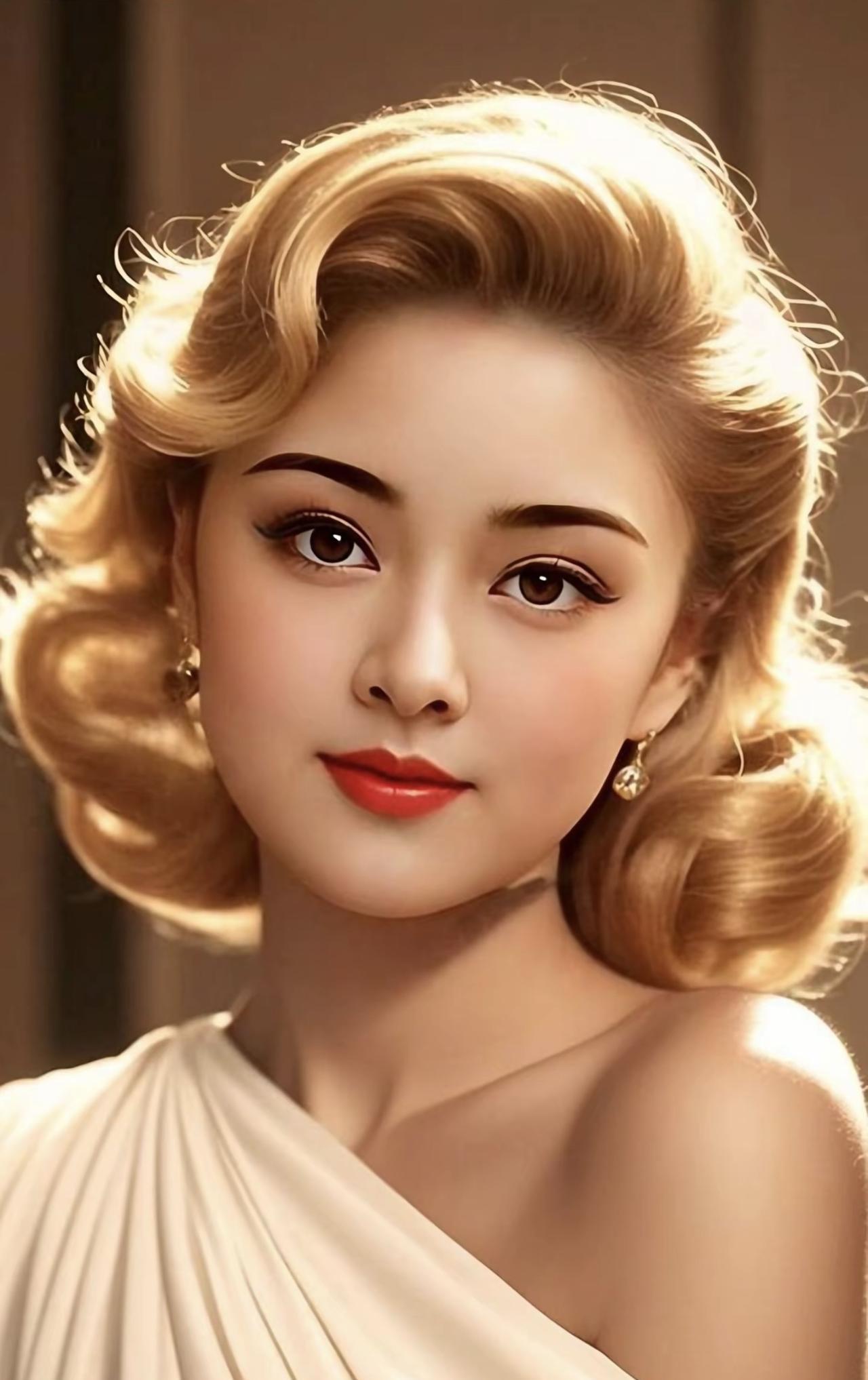 打油诗·发韵
金发卷成云，红唇俏笑吟吟。
单肩白裙优雅，美韵醉了光阴。