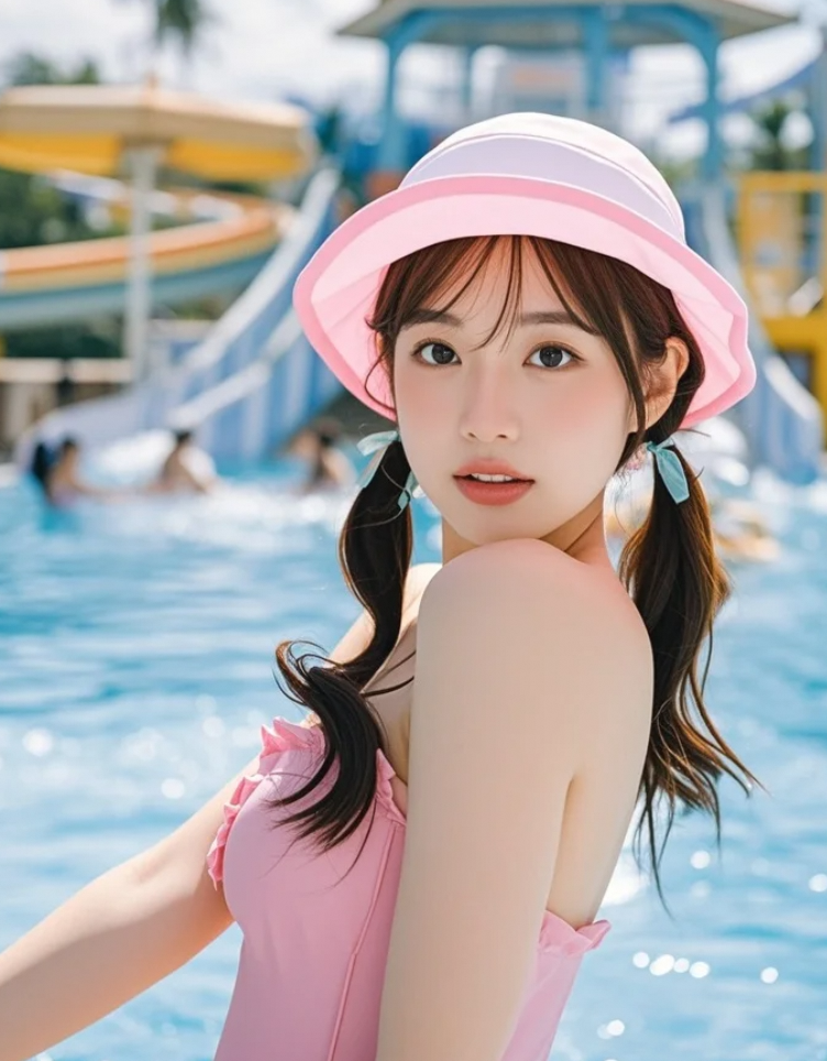 她在浪池里随波摇曳，像极了夏天最美的涟漪。