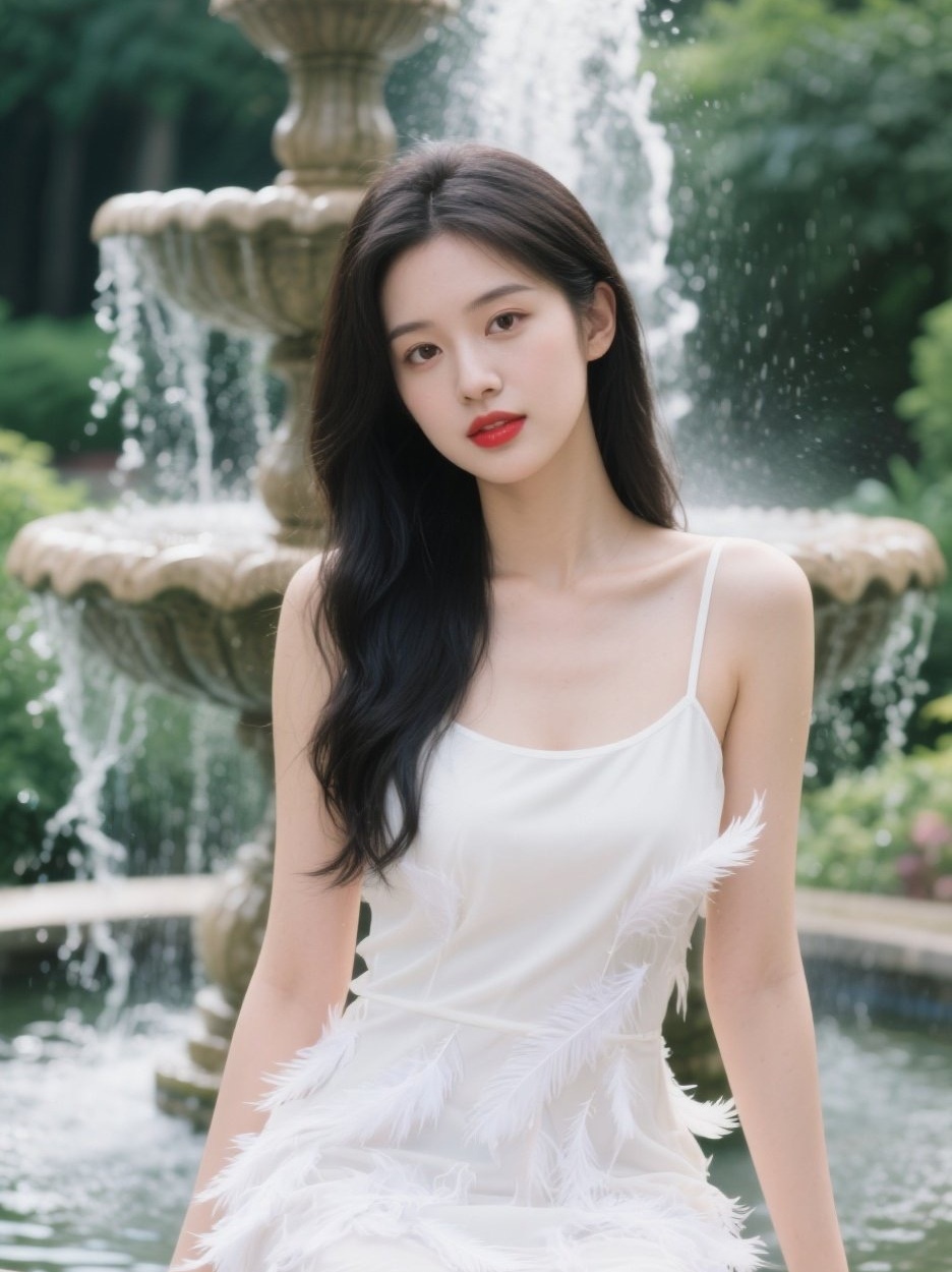 喷泉少女舞翩跹，水雾朦胧似天仙