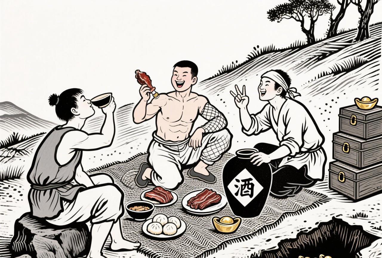 三个药童去采药；
挖出了不知何时何人埋在地下的钱财，于是共议买酒买肉庆祝一番，然