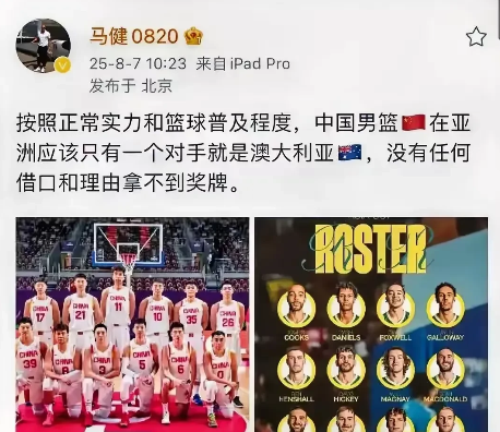 昨天，前中国男篮名宿马健在社媒上发文：“按照正常实力和篮球普及程度，中国男篮在亚