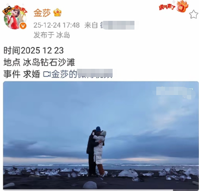 孙丞潇向金莎求婚了，在冰岛的钻石沙滩单膝跪地。相差十几岁的姐弟恋修成正果，这个求
