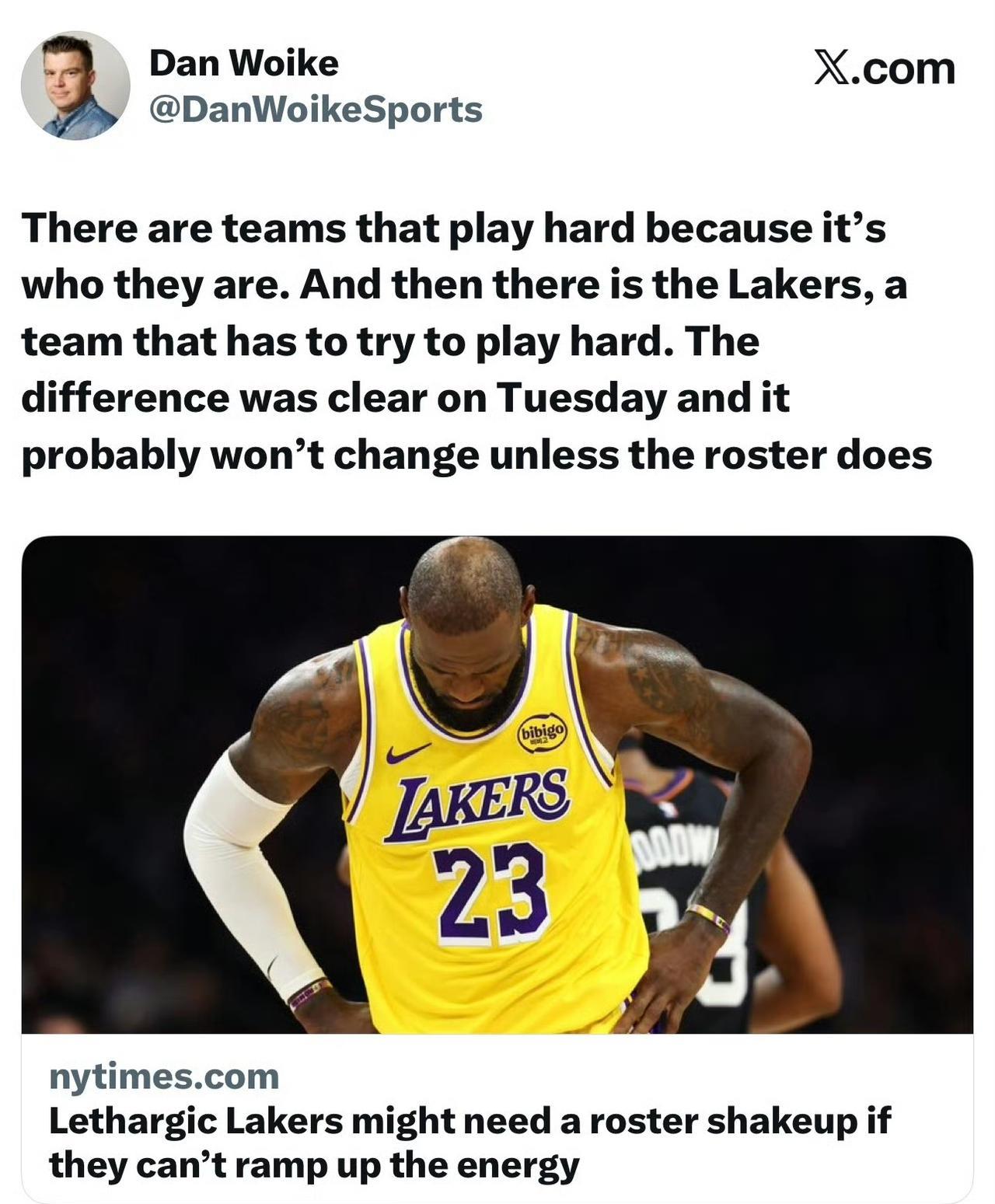 湖记Dan Woike撰文补充了一些今天的赛后和他自己的看法：
这场球湖人根本没