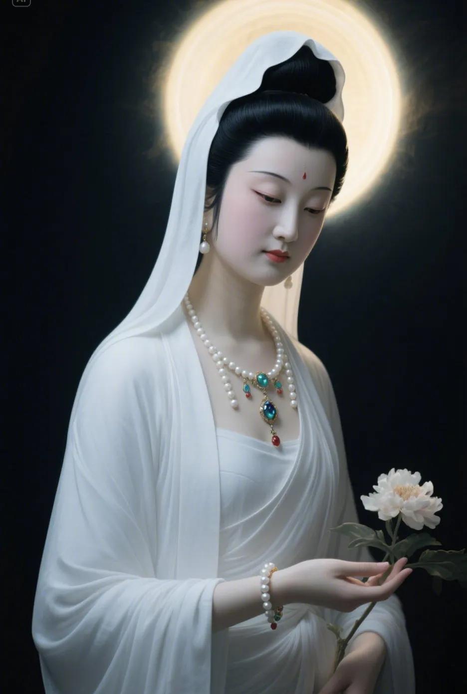 白衣菩萨捧花枝，玉佩轻摇步月华。#每日送给自己一句话# #每日分享一句人生感悟#