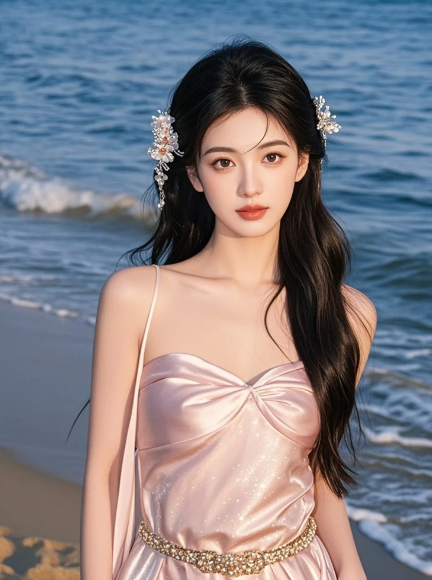 她站在浪花边缘，美得像一场无法回头的沉沦