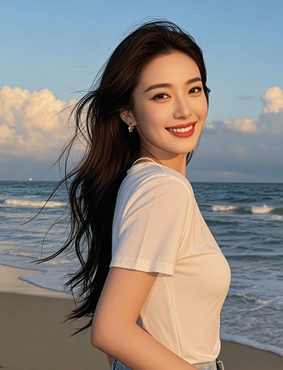 她漫步在夕阳沙滩，长发与云影共舞，明艳妆容映衬出大牌明星的风采