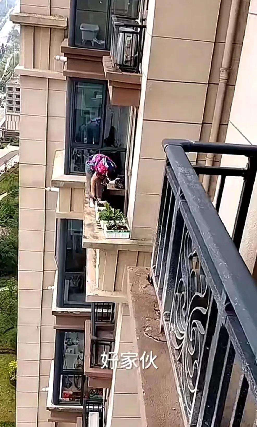 好家伙，看到这么一个视频，这位大妈种菜，这地方可真悬呐，无遮无挡，窄窄的一小条平