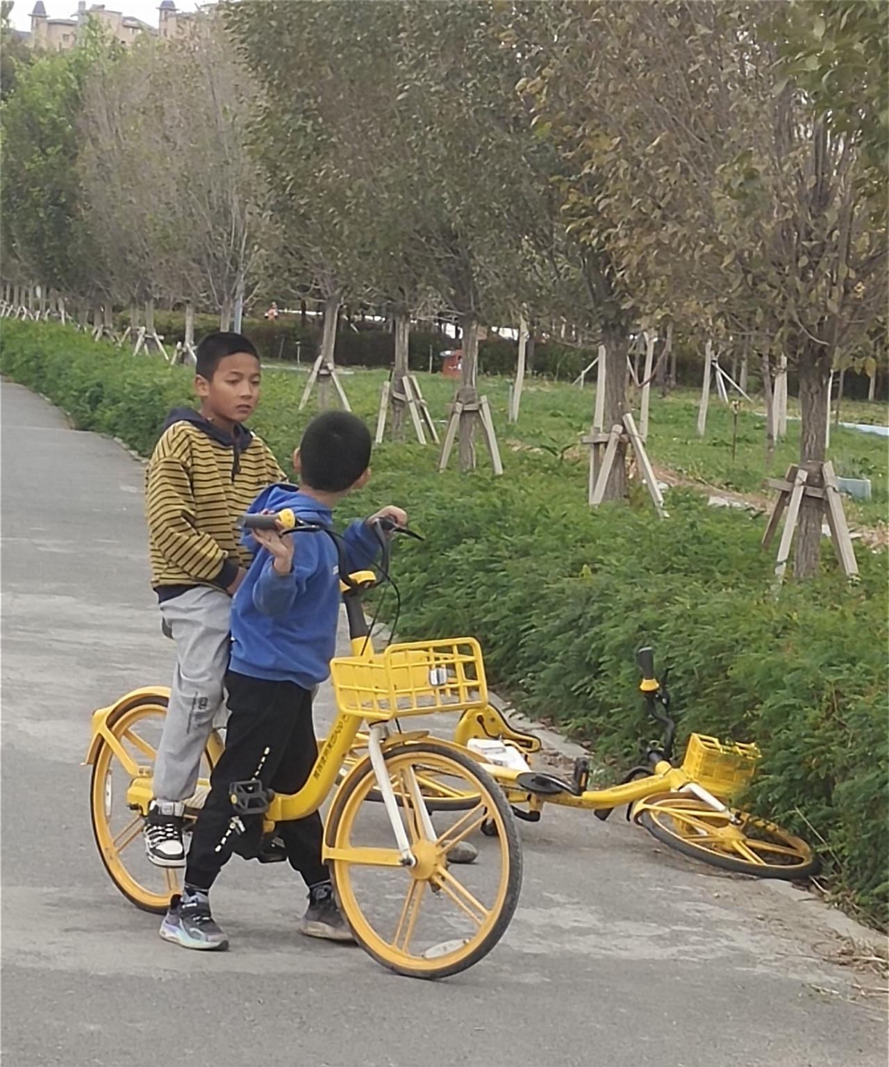不可否认，现在的孩子真是聪明。这不？停放在人行道上的锁着的共享单车自行车，被这里