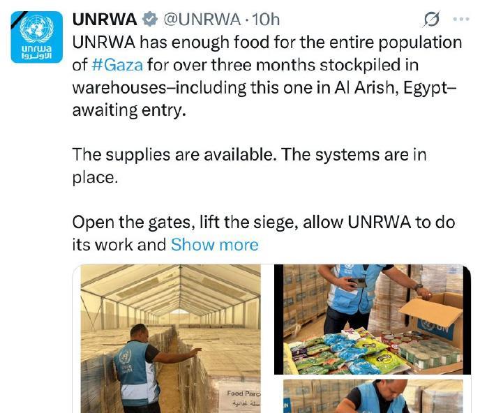 日前联合国方面发文表示，他们被以色列卡在埃及的援助粮食足够加沙人吃三个月。
此外