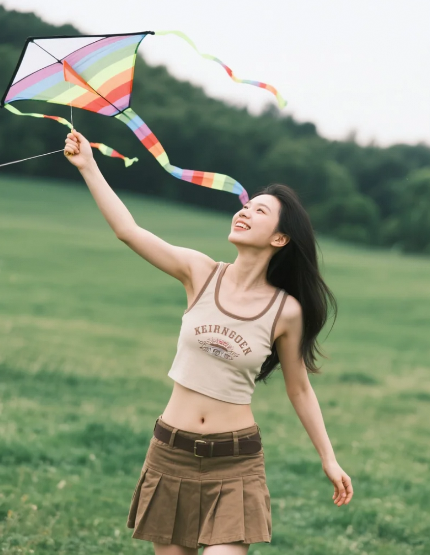放风筝的亚洲美女，童趣与时尚并存的画面