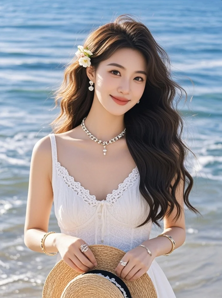 阳光亲吻她的肌肤，海风轻抚她的发丝——这一刻，她属于全世界。