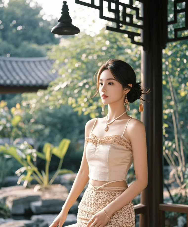 古亭轻舞处，佳人俏皮笑颜开，这古典美貌能否让你心开怀？