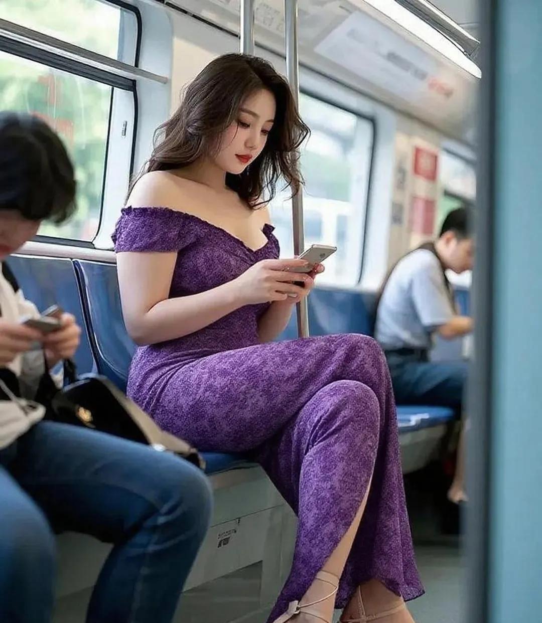 地铁惊眸一丽人，紫裳裁得韵如神。
