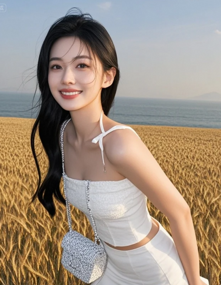 麦穗低垂，她仰望天空，仿佛在聆听大地的私语。