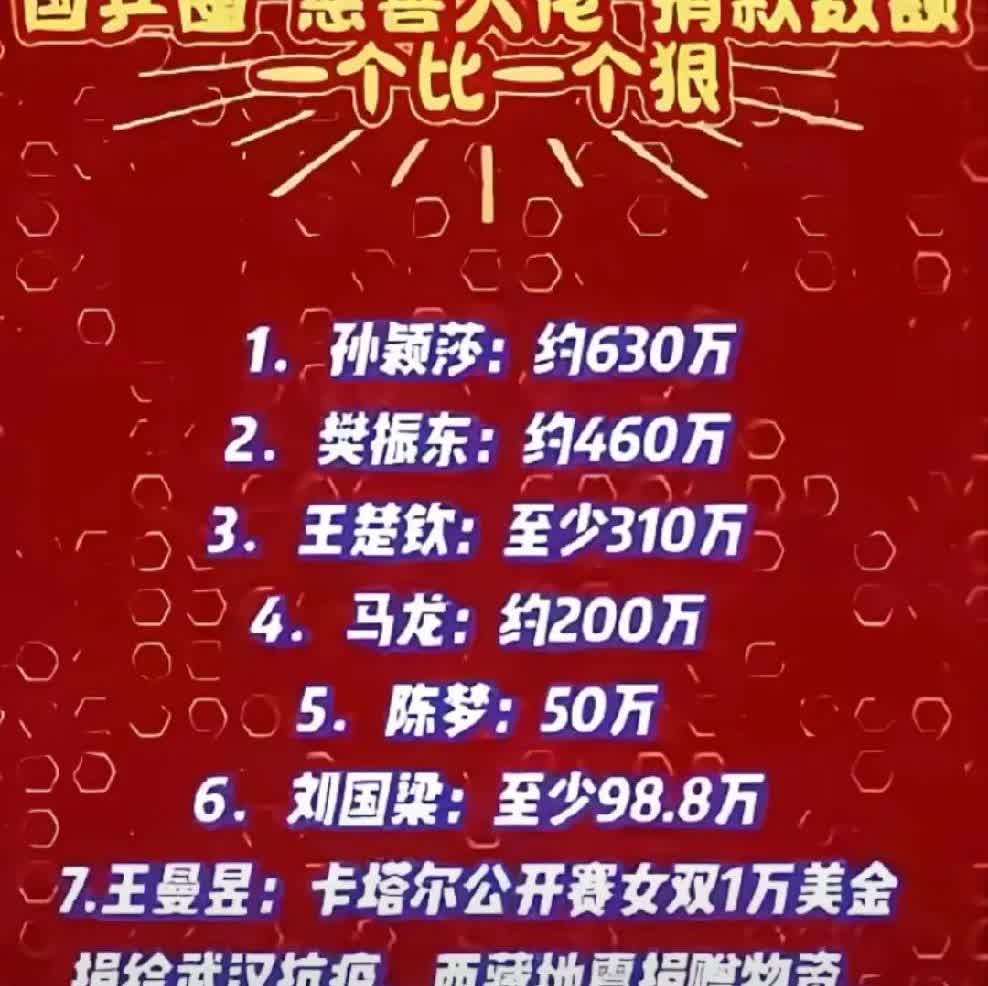 国乒圈慈善大佬捐款数额，孙颖莎捐的最多约630万，樊振东约460万，王楚钦约31