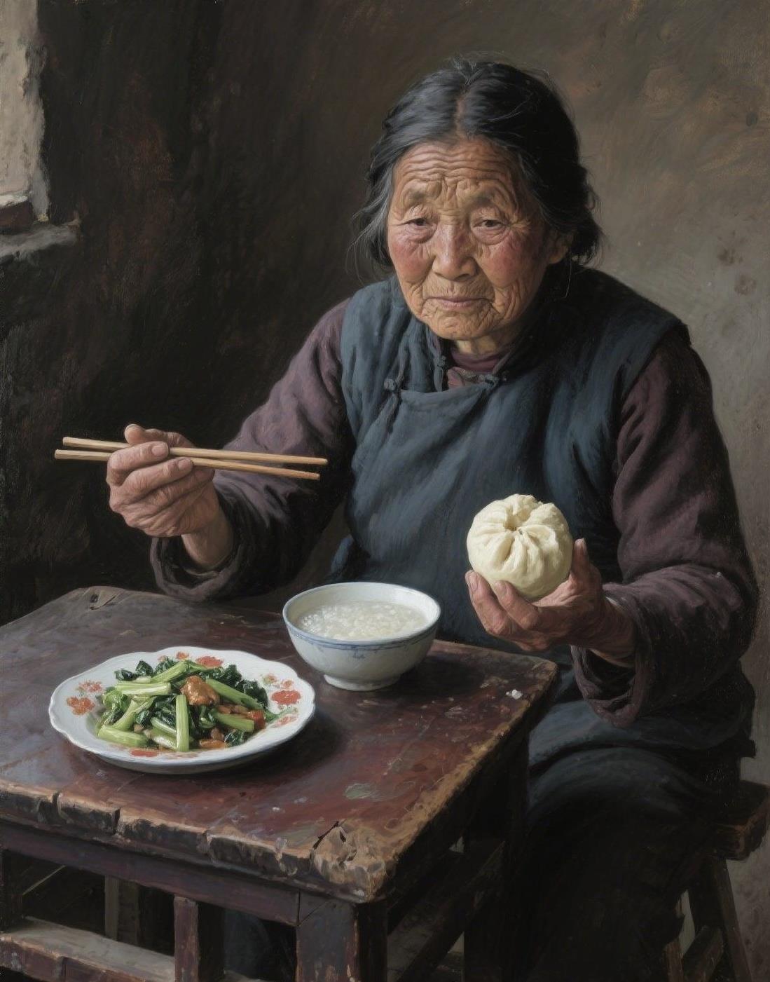 破旧小桌，摆着清粥、青菜与包子，老妇人静坐其中。岁月在脸上刻满皱纹，却没带走她眼