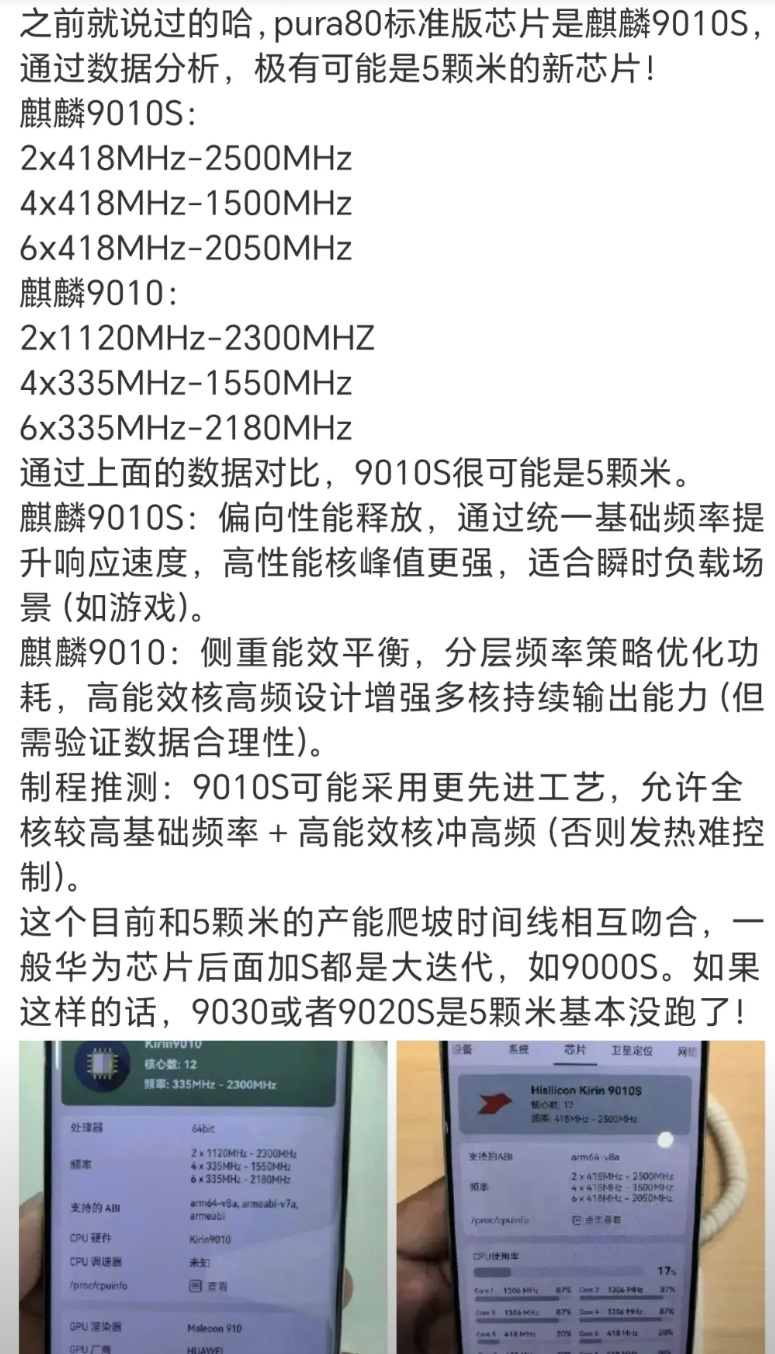 看这个频率区间，这款麒麟9010S应该会在能效比上有更好的表现，能够划分更高和更