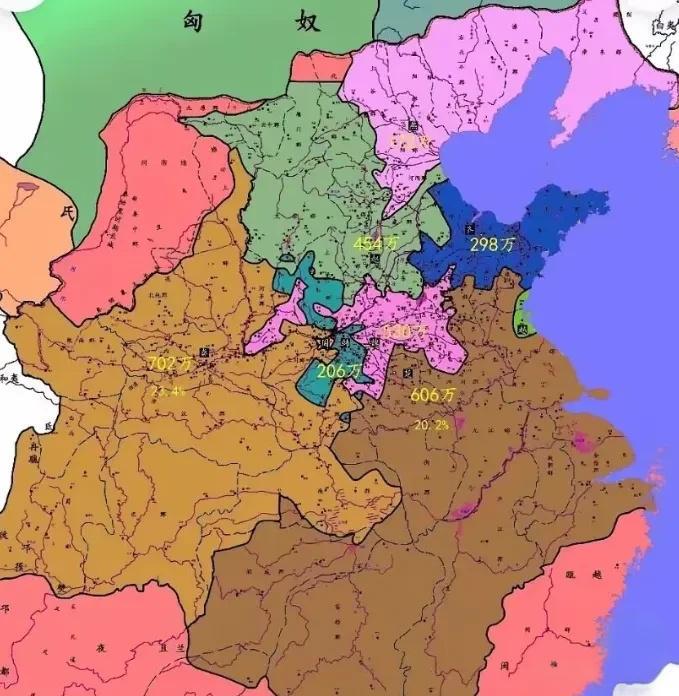 公元前255年，天下大势仍不明朗！
秦国702万，楚国606万，赵国454万，韩