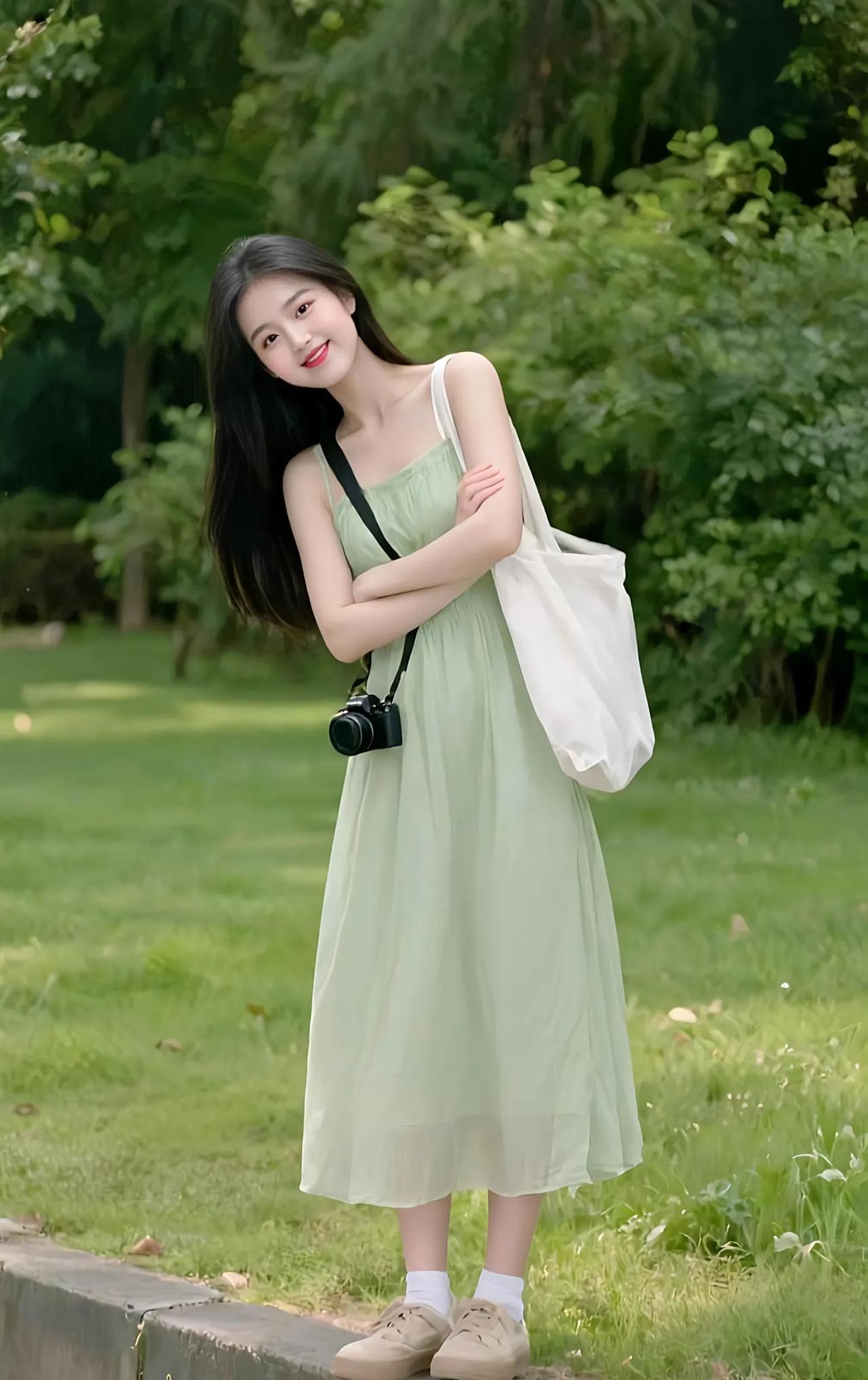 搭车的女孩
绿裳轻挽发丝柔，笑靥盈盈映眼眸。
相机斜挎添韵致，道旁俏立意悠悠。