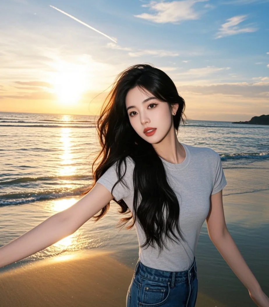 夕阳为她加冕，她行走在海天之间，以亲和笑容与活力姿态闪耀海岸线