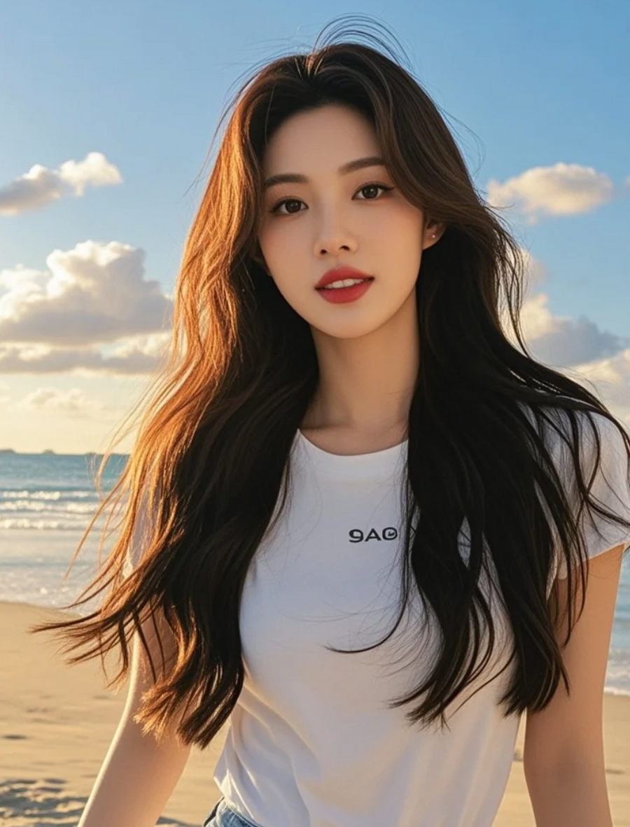 夕阳洒在她明艳的红唇上，海风轻扬起乌黑长发，美得自然又耀眼