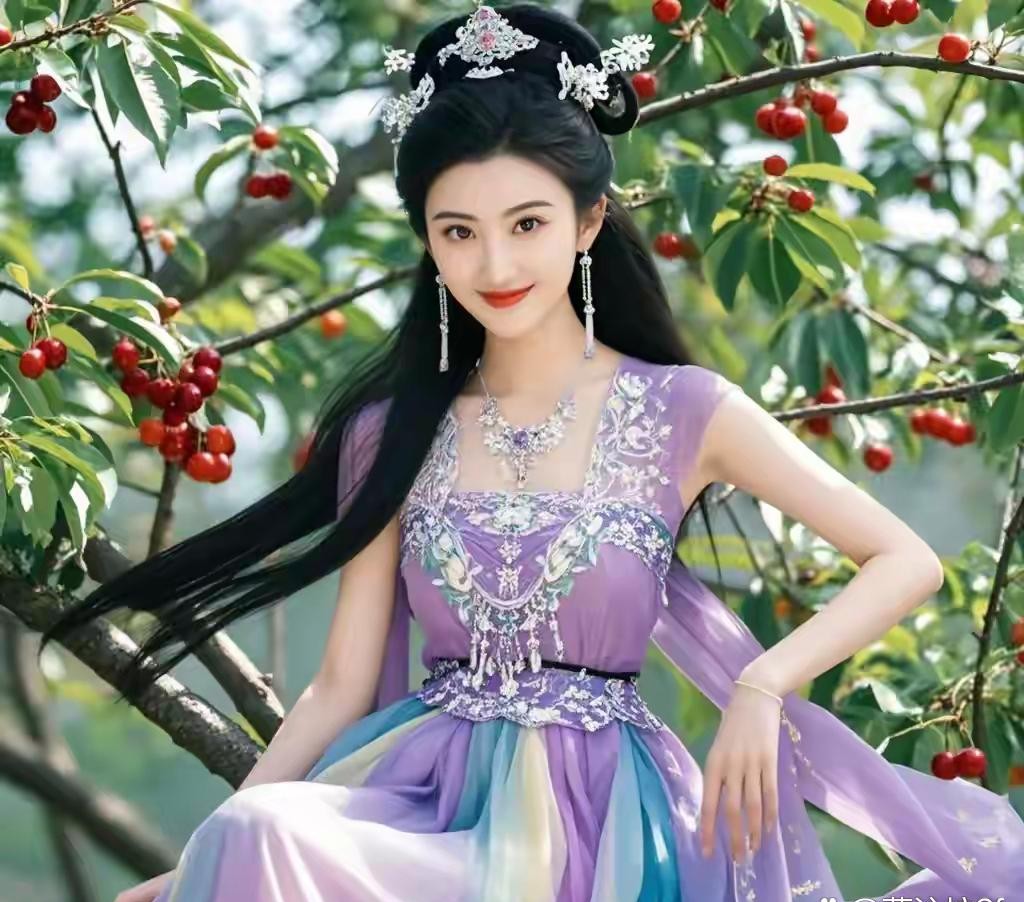 景甜这组古风写真绝了！紫纱衣配樱桃树，往那一坐就跟画里飘出来的仙女似的。有网友说