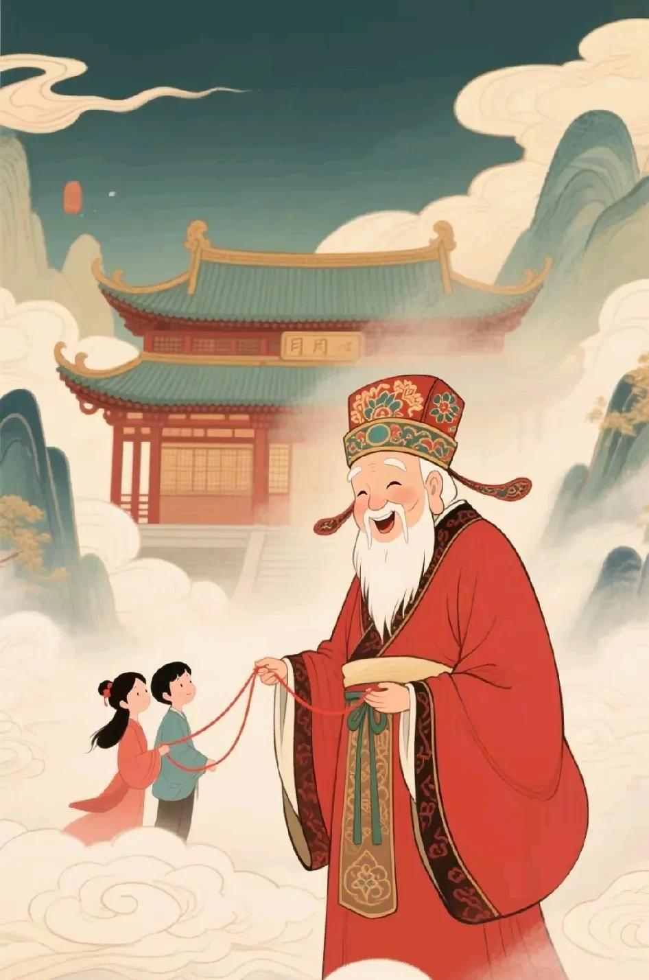 “见月老不拜，红线难相牵”
仙衣飘带舞，眉目含情牵人间。
月老捻须藏妙算，红绳系