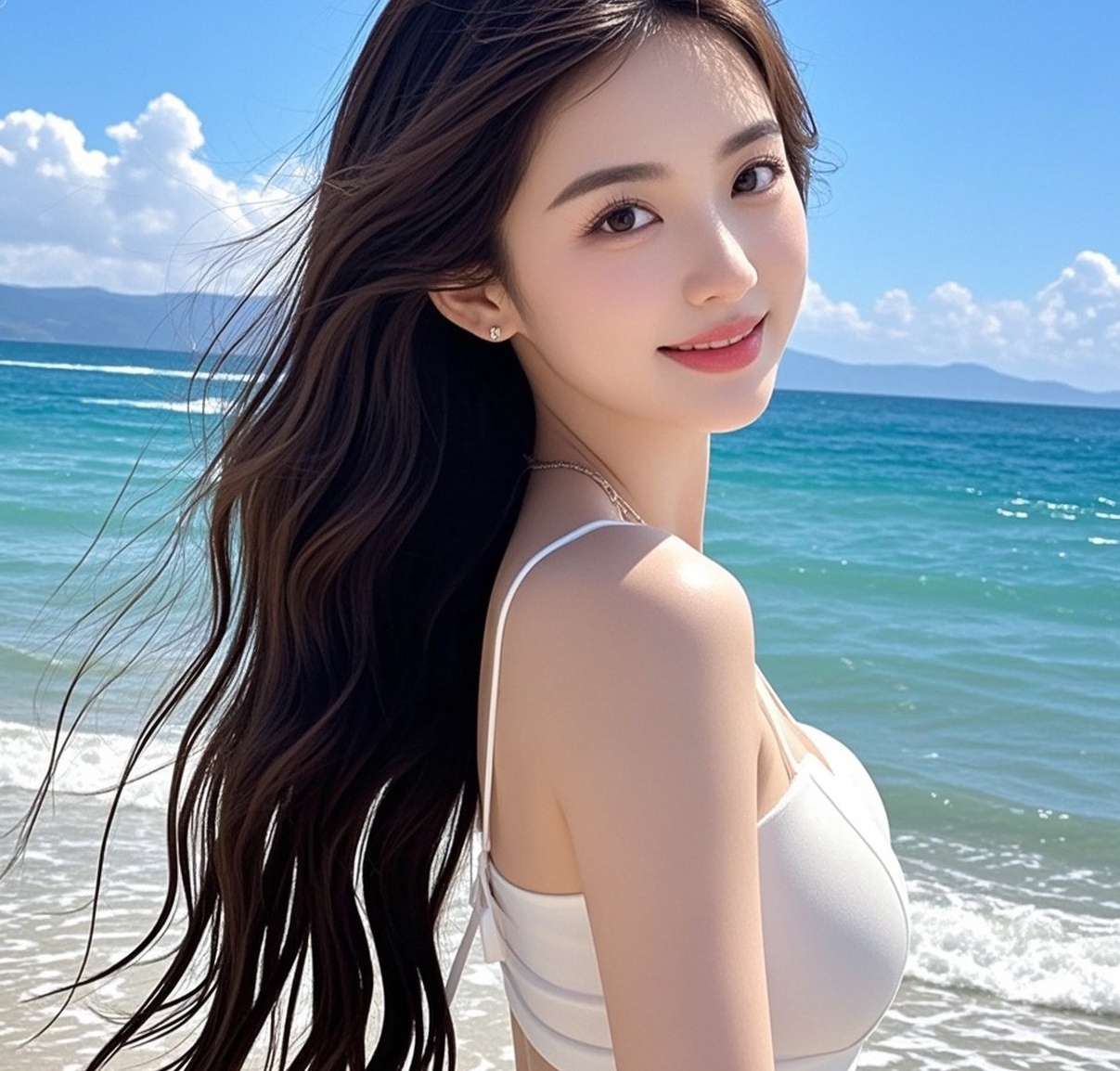 娇俏少妇海边留影，回眸瞬间风情万种