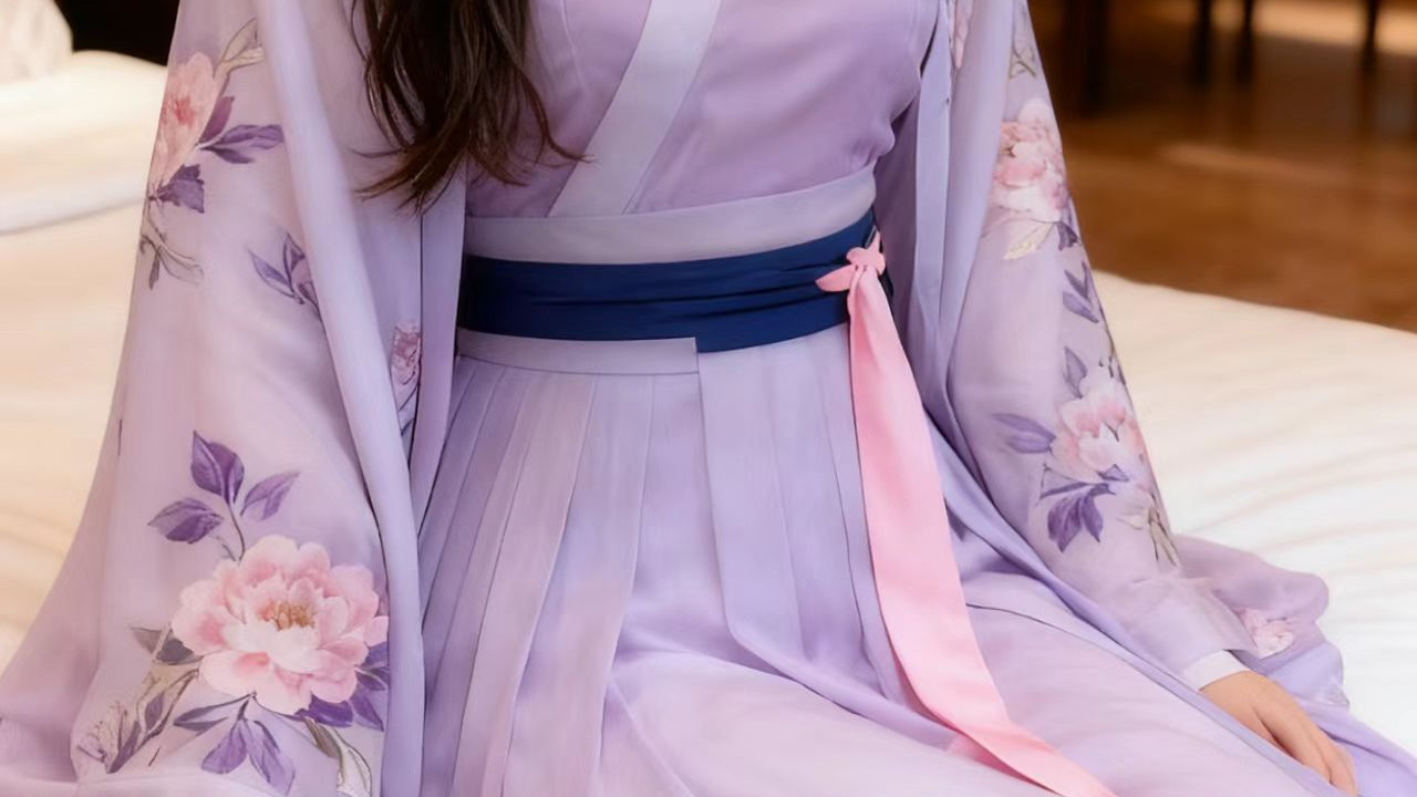 粉紫色古风长裙，仍是亮眼穿搭。