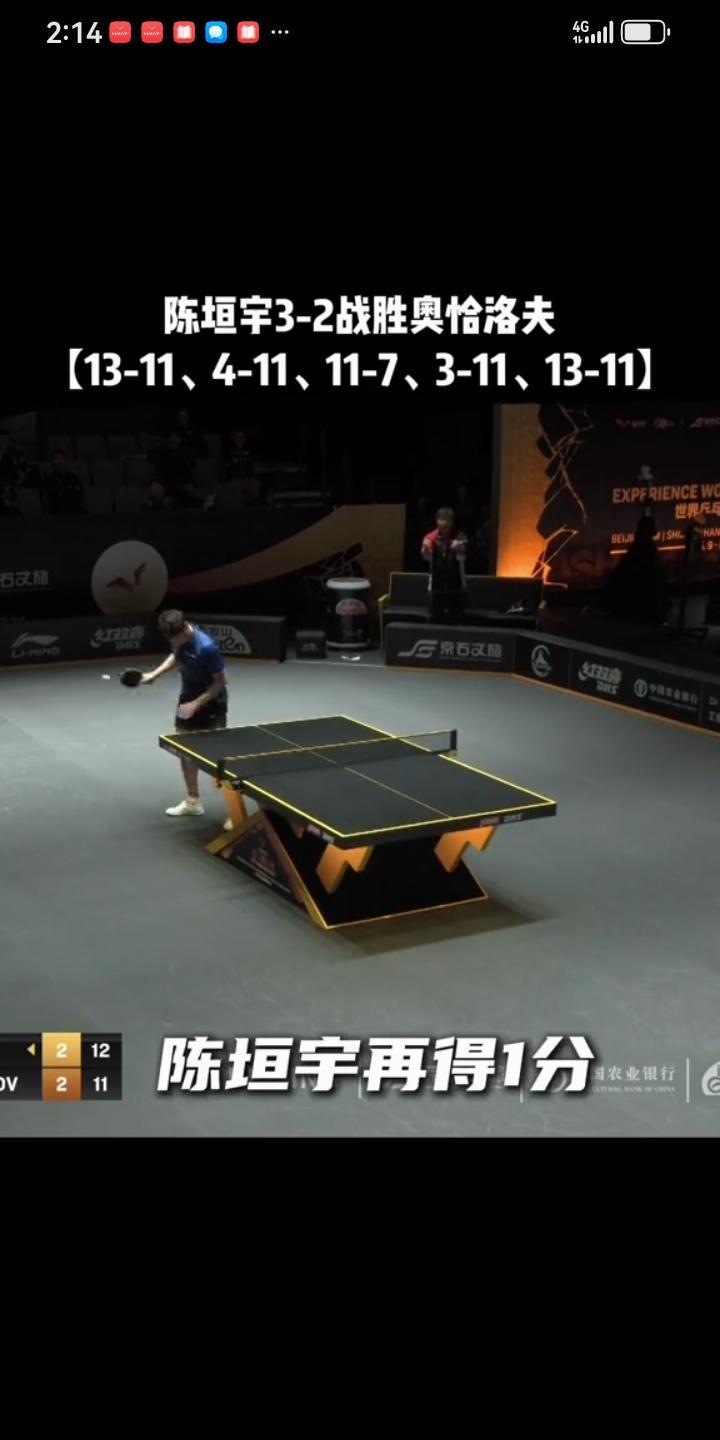 9月29日中国大满贯男单首轮比赛，陈垣宇3一2奥恰洛夫
13一11，4一11，1