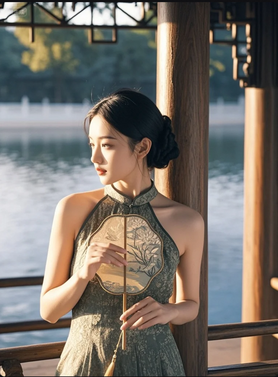 她执扇立于湖畔，风起时，连倒影都在为你回眸