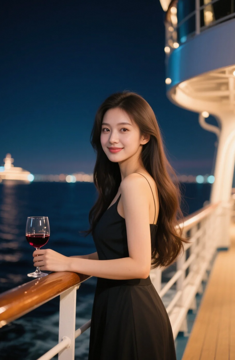 红酒杯中映，海上夜色添佳人